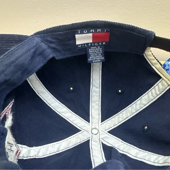 Vintage Tommy Hilfiger Surf Blue Corduroy Hat Embroidered Logo Leather Strapback - Picture 13 of 16